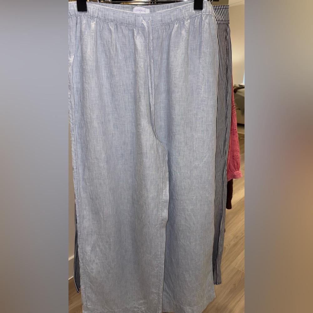 Aritzia Little Moon Globetrotter Linen Pants Dew Blue White Stripe Sz M